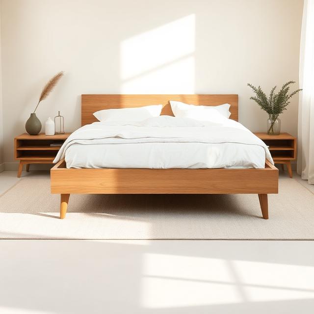 The Classic Bed (Platform Frame) — Solid oak platform bed with white linen bedding in a calm bedroom