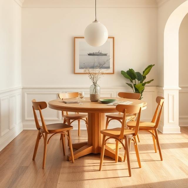 Toscana Hand-Hewn Reclaimed Table — Round oak dining table with wood chairs in a bright dining room