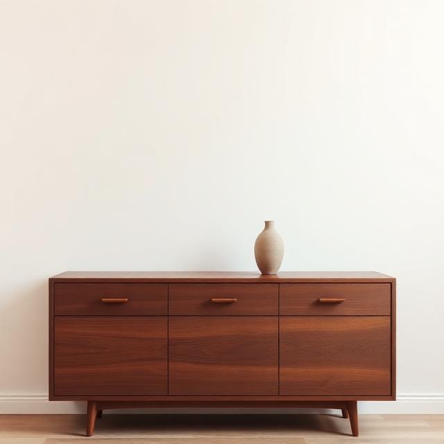Linear 6-Drawer Solid Walnut Dresser — Solid walnut dresser styled with a ceramic vase against a cream wall