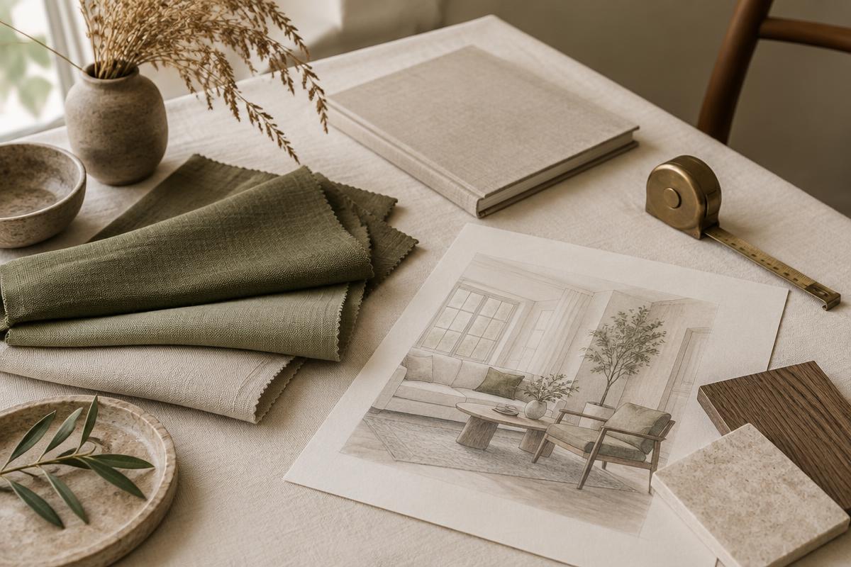 A designer's flat lay with olive fabric swatches, a brass tape measure, a room sketch, and natural textures — representing the Well Composed Home library of guides and calculators